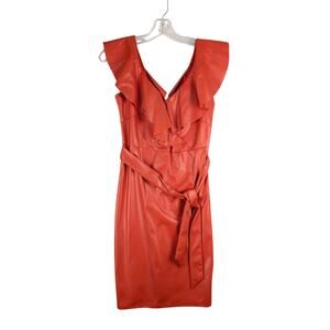 Bebe Vegan Leather Red Ruffle Belted Wrap Dress Womens Small V Neck NWT